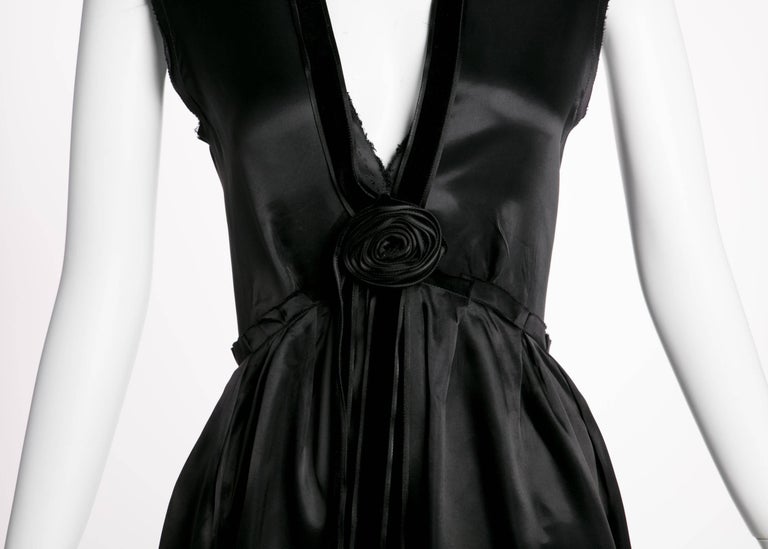 2005 Lanvin by Alber Elbaz Plunge Neck Black Satin Velvet Necklace Dress