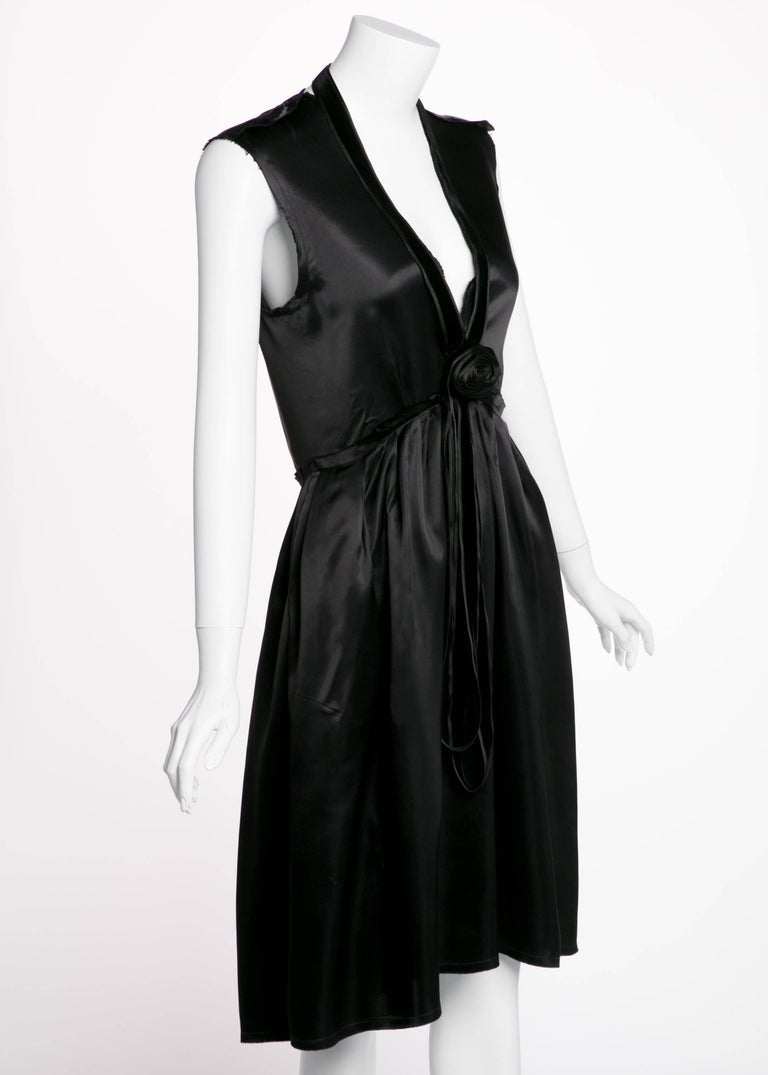 2005 Lanvin by Alber Elbaz Plunge Neck Black Satin Velvet Necklace Dress