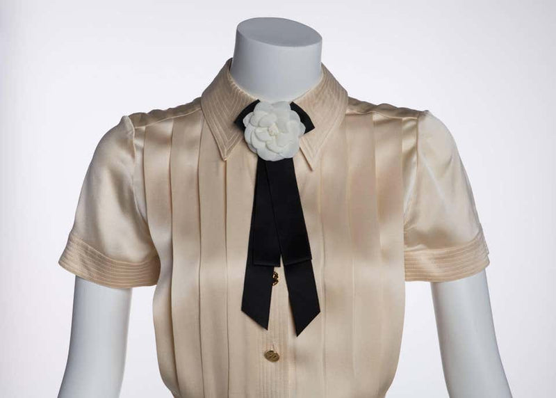 1990s Chanel Creme Silk Knife Pleats Camellia Bow Belted Shirt