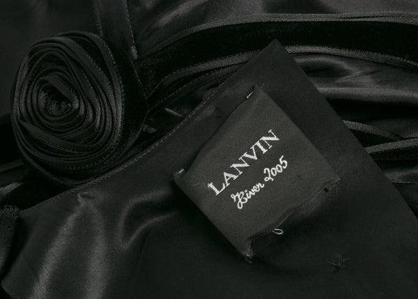 2005 Lanvin by Alber Elbaz Plunge Neck Black Satin Velvet Necklace Dress
