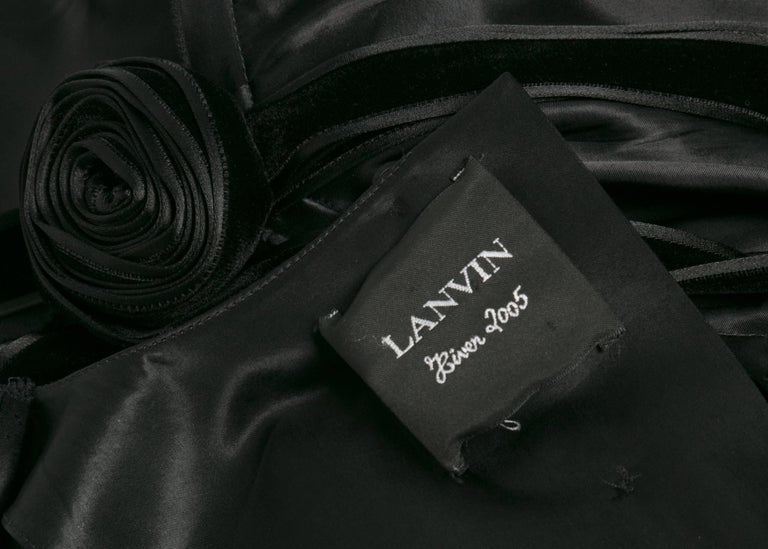 2005 Lanvin by Alber Elbaz Plunge Neck Black Satin Velvet Necklace Dress