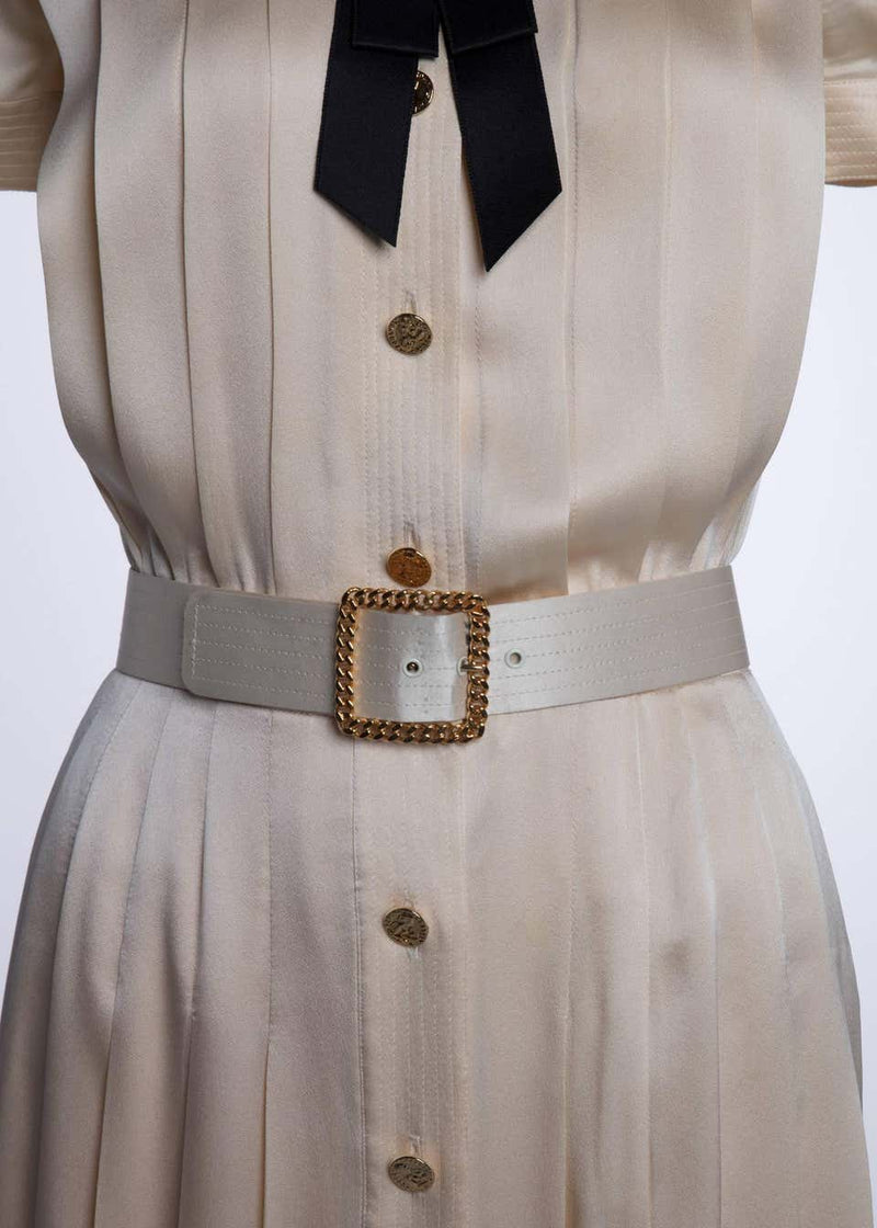 1990s Chanel Creme Silk Knife Pleats Camellia Bow Belted Shirt Dress Documented