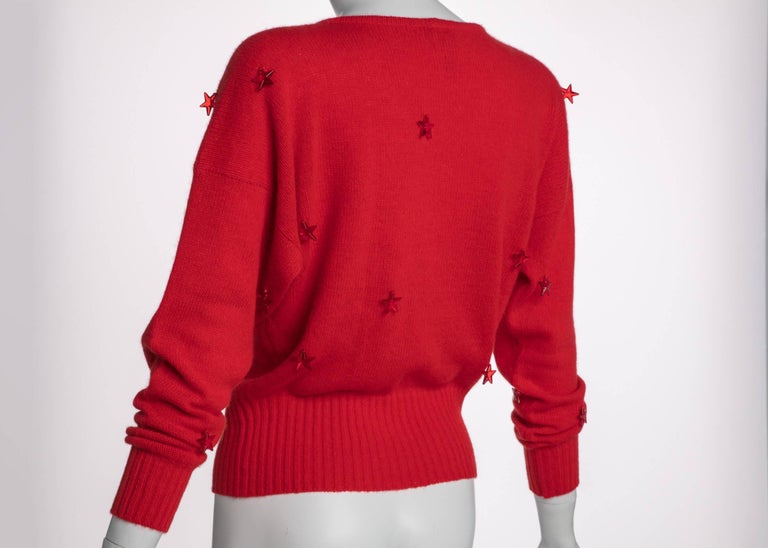 1980s Krizia Red Wool Angora Lucite Star Beads Sweater