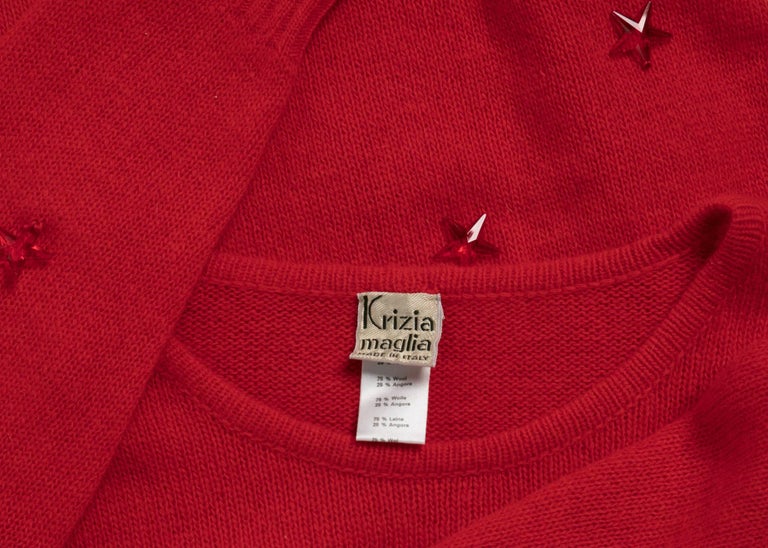1980s Krizia Red Wool Angora Lucite Star Beads Sweater