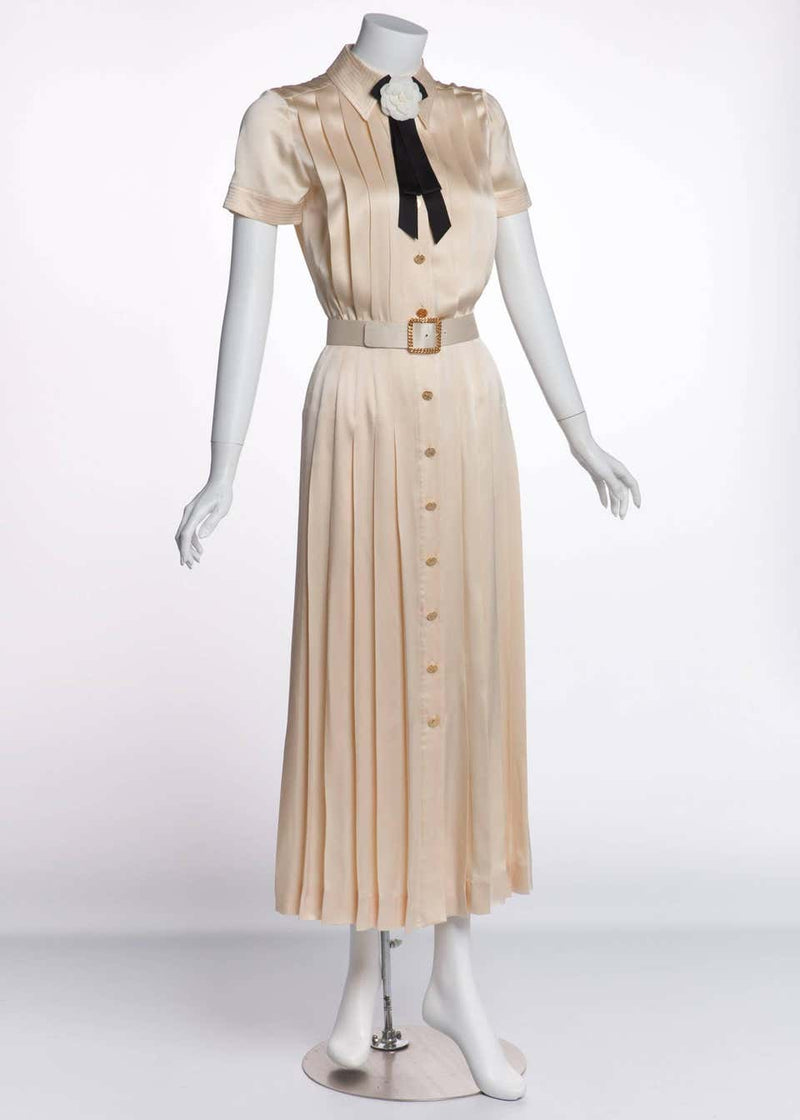 1990s Chanel Creme Silk Knife Pleats Camellia Bow Belted Shirt Dress Documented