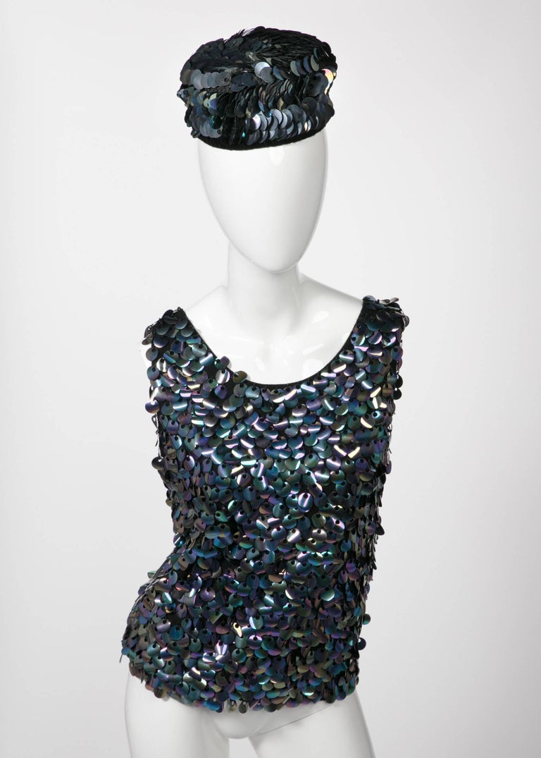 1960s Midnight Paillette Sequin Wool Hat and Sleeveless Sweater Set