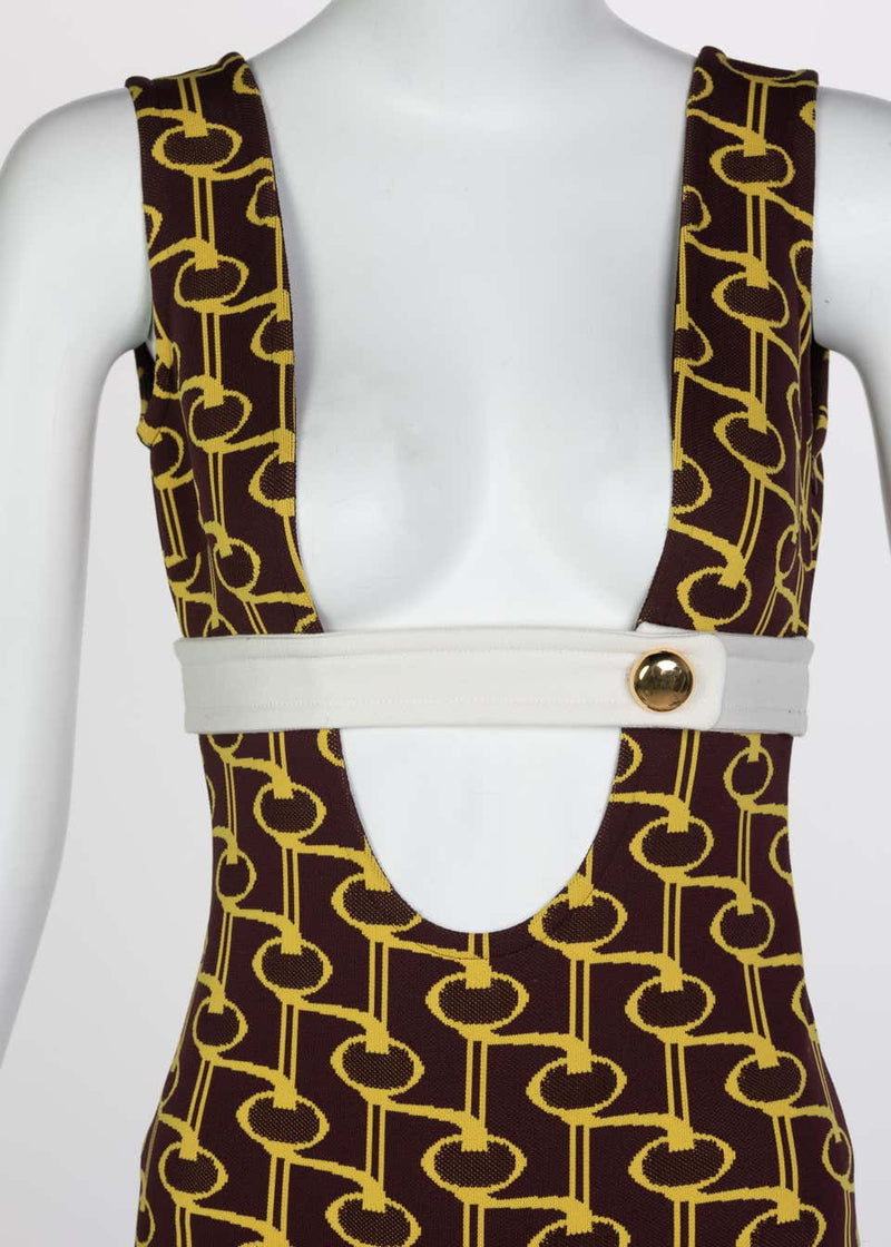 Prada Yellow Brown Print Knit Button Detail Plunge Neck Bodysuit Runway, 2019