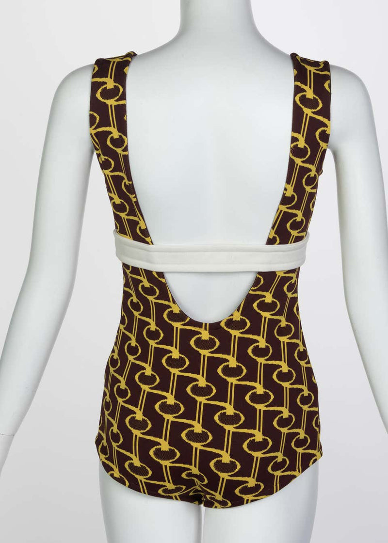 Prada Yellow Brown Print Knit Button Detail Plunge Neck Bodysuit Runway, 2019