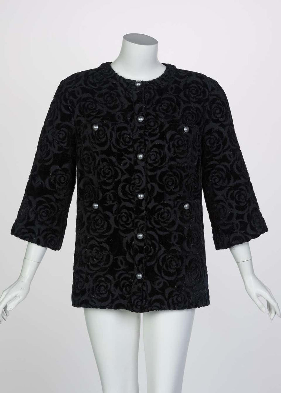 Chanel New with Tags Black Shimmer Cotton Velour Camellia Jacket Pre F –  Basha Gold