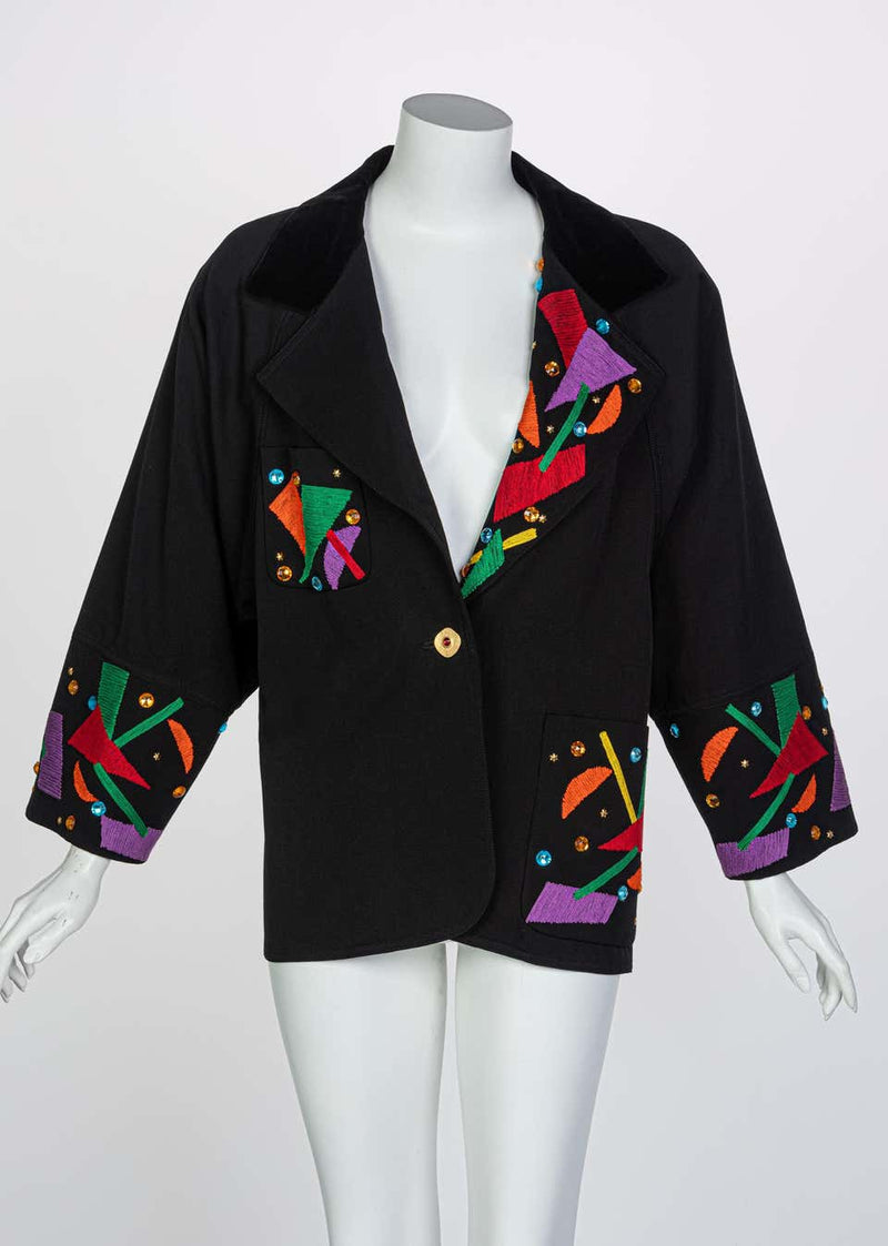 Chloe Karl Lagerfeld Black Colorful Memphis Embroidered Jacket , 1980s