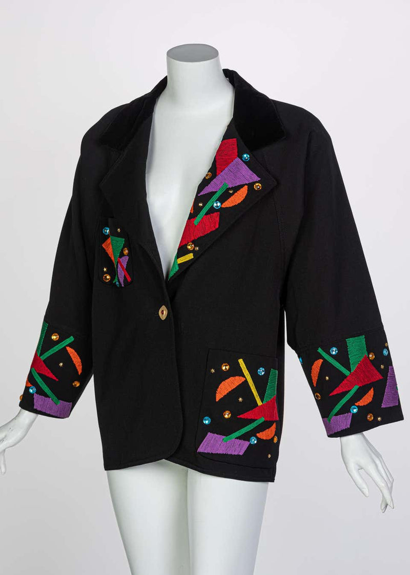 Chloe Karl Lagerfeld Black Colorful Memphis Embroidered Jacket , 1980s