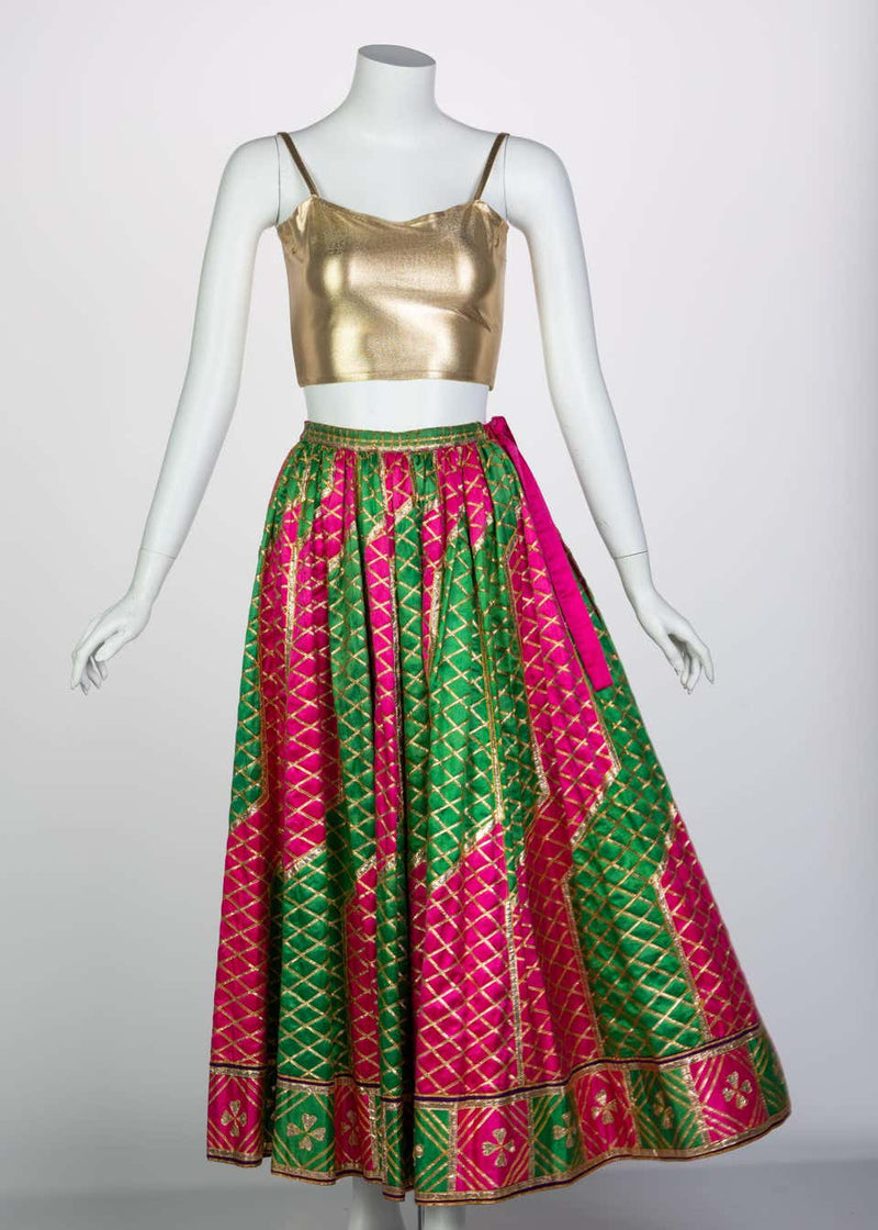 Lanvin Haute Couture Gold Lame Top & Green Pink Peasant Skirt Ensemble, 1977