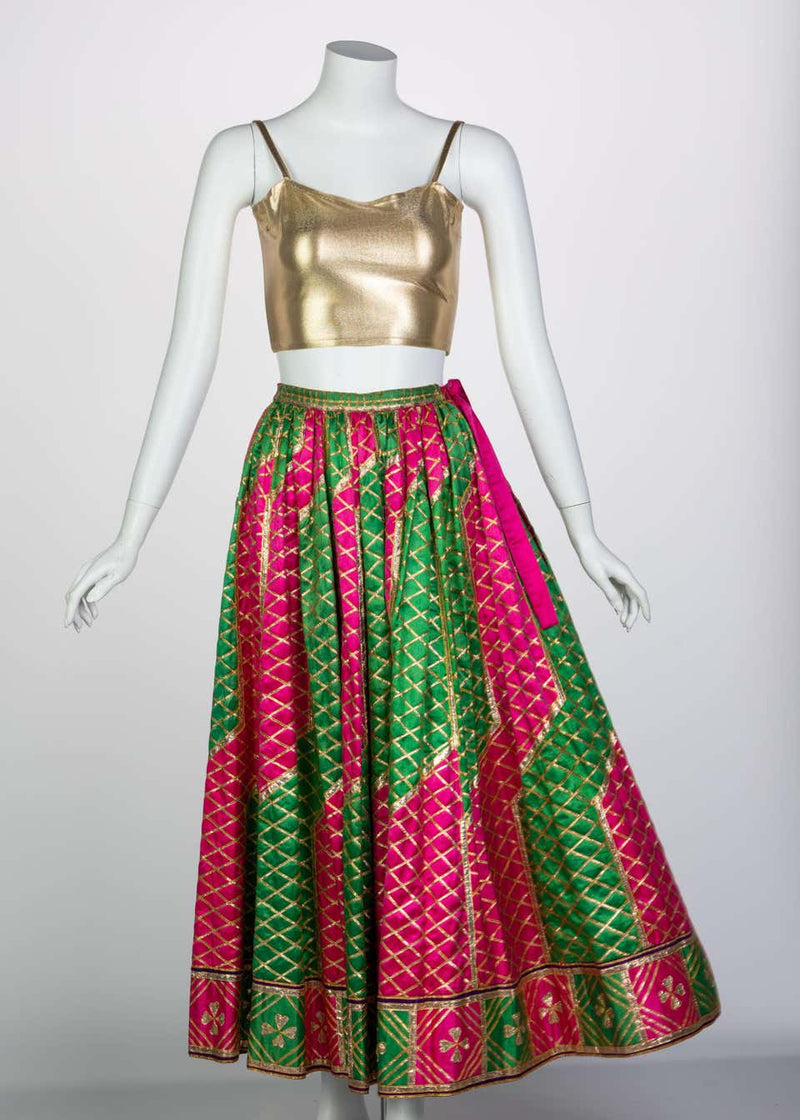 Lanvin Haute Couture Gold Lame Top Green Pink Peasant Skirt Ensemble Basha Gold