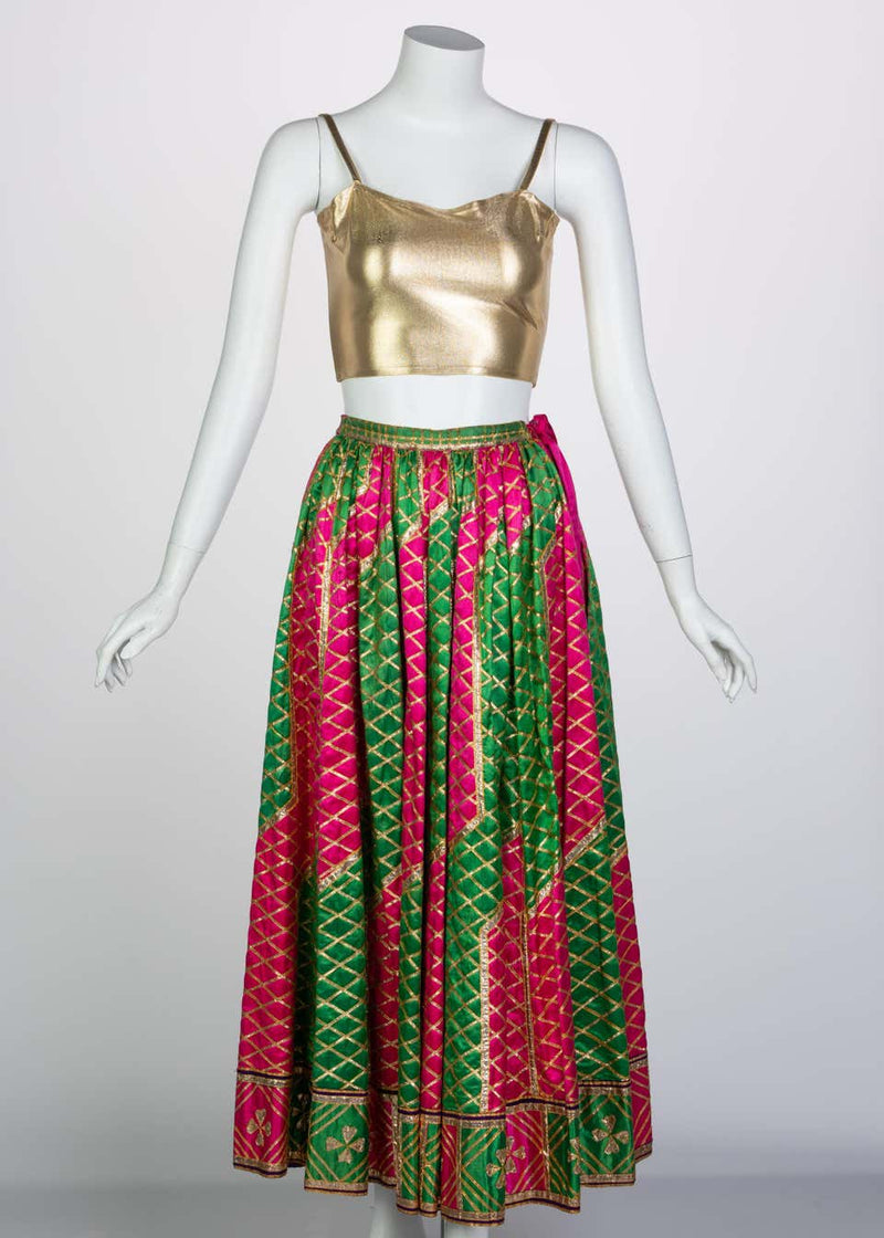 Lanvin Haute Couture Gold Lame Top & Green Pink Peasant Skirt Ensemble, 1977