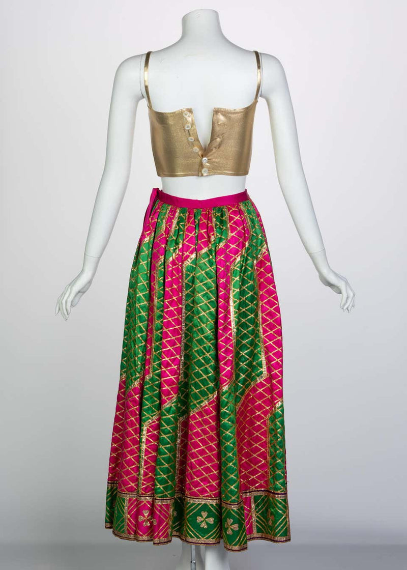 Lanvin Haute Couture Gold Lame Top & Green Pink Peasant Skirt Ensemble, 1977