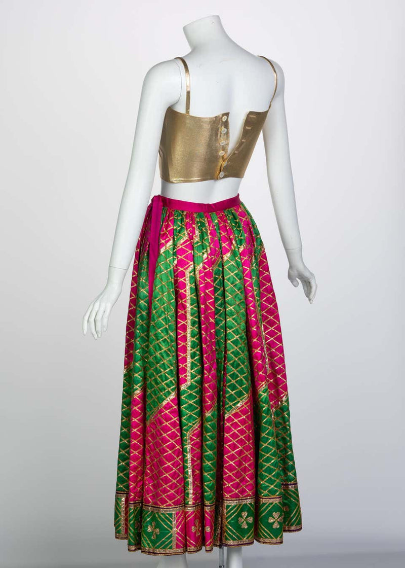 Lanvin Haute Couture Gold Lame Top & Green Pink Peasant Skirt Ensemble, 1977