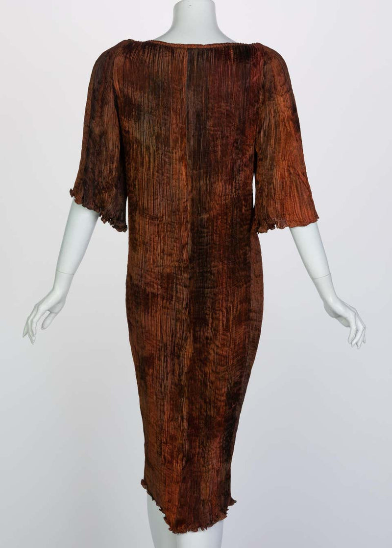 Patricia Lester Copper Brown Silk Fortuny Pleated Dress & Belt, 1980s