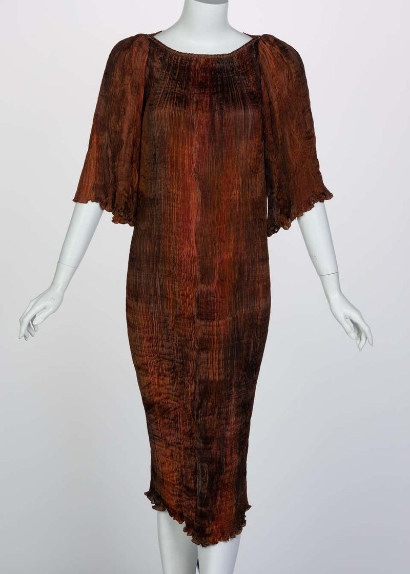 Patricia Lester Copper Brown Silk Fortuny Pleated Dress & Belt, 1980s