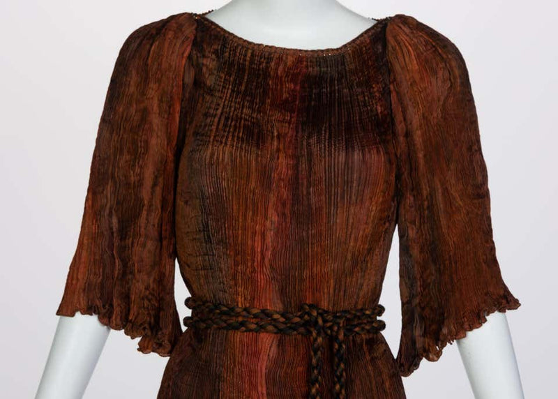 Patricia Lester Copper Brown Silk Fortuny Pleated Dress & Belt, 1980s