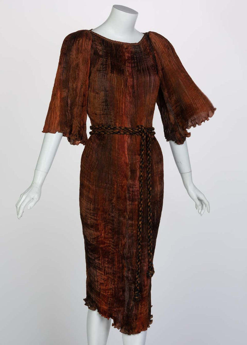 Patricia Lester Copper Brown Silk Fortuny Pleated Dress & Belt, 1980s