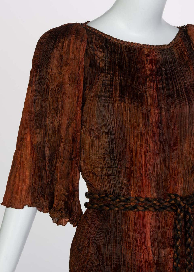 Patricia Lester Copper Brown Silk Fortuny Pleated Dress & Belt, 1980s