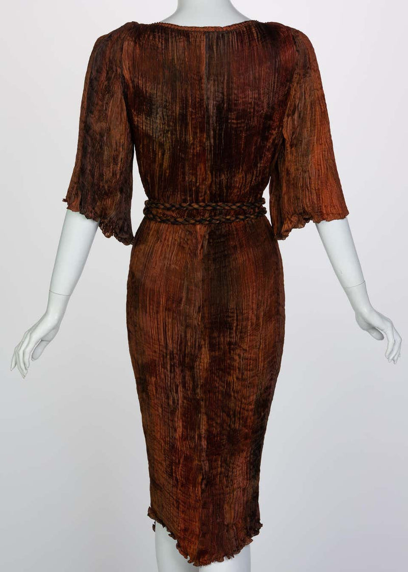 Patricia Lester Copper Brown Silk Fortuny Pleated Dress & Belt, 1980s