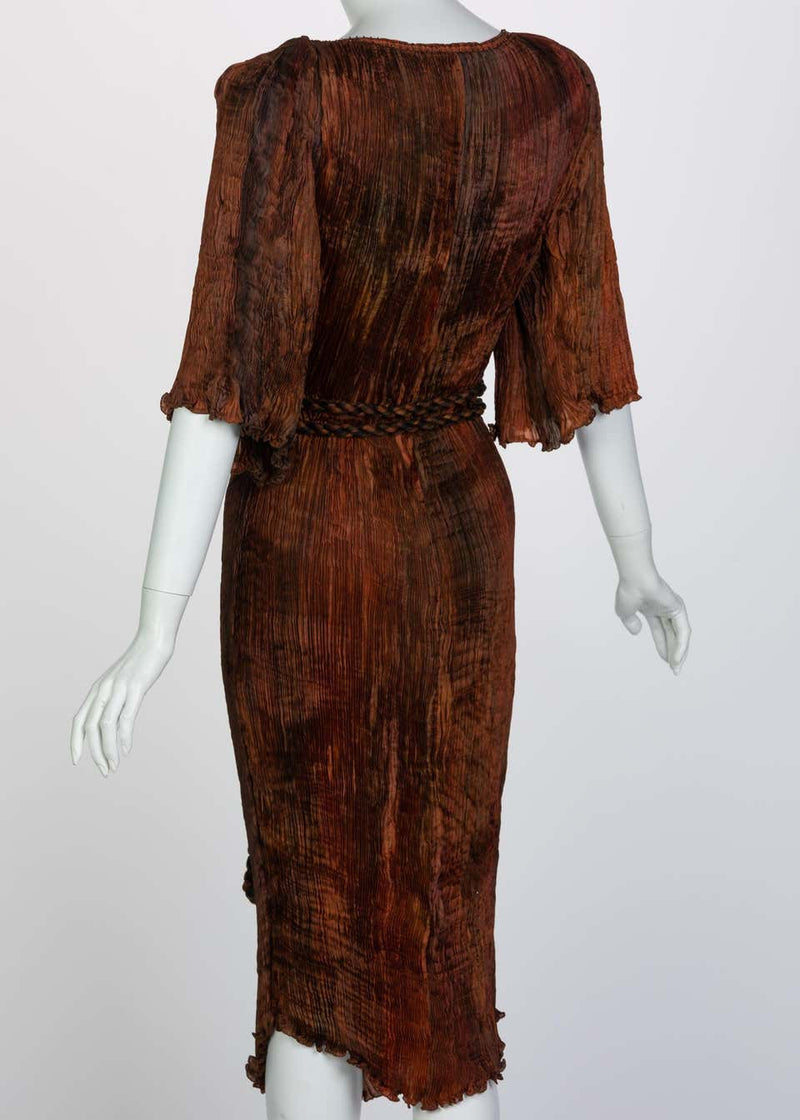 Patricia Lester Copper Brown Silk Fortuny Pleated Dress & Belt, 1980s