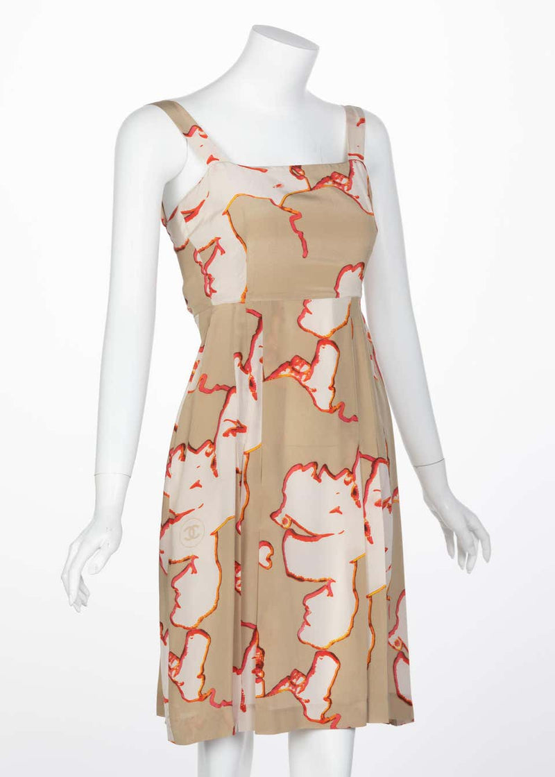 Chanel Taupe Silk Sleeveless Faces Print Dress Collectors Spring 2000