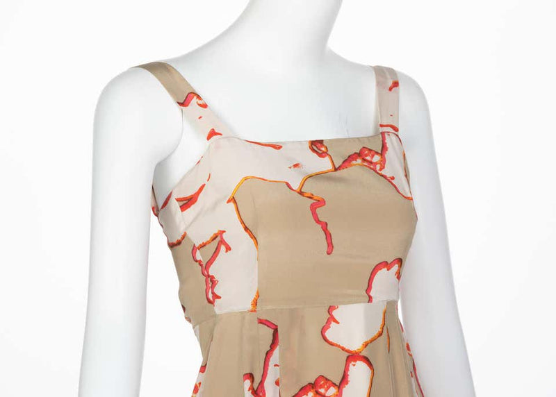 Chanel Taupe Silk Sleeveless Faces Print Dress Collectors Spring 2000
