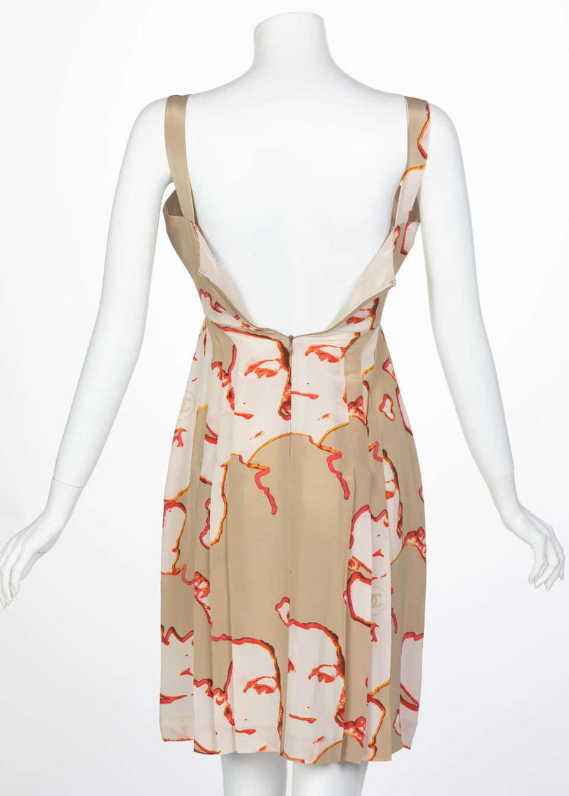 Chanel Taupe Silk Sleeveless Faces Print Dress Collectors Spring 2000