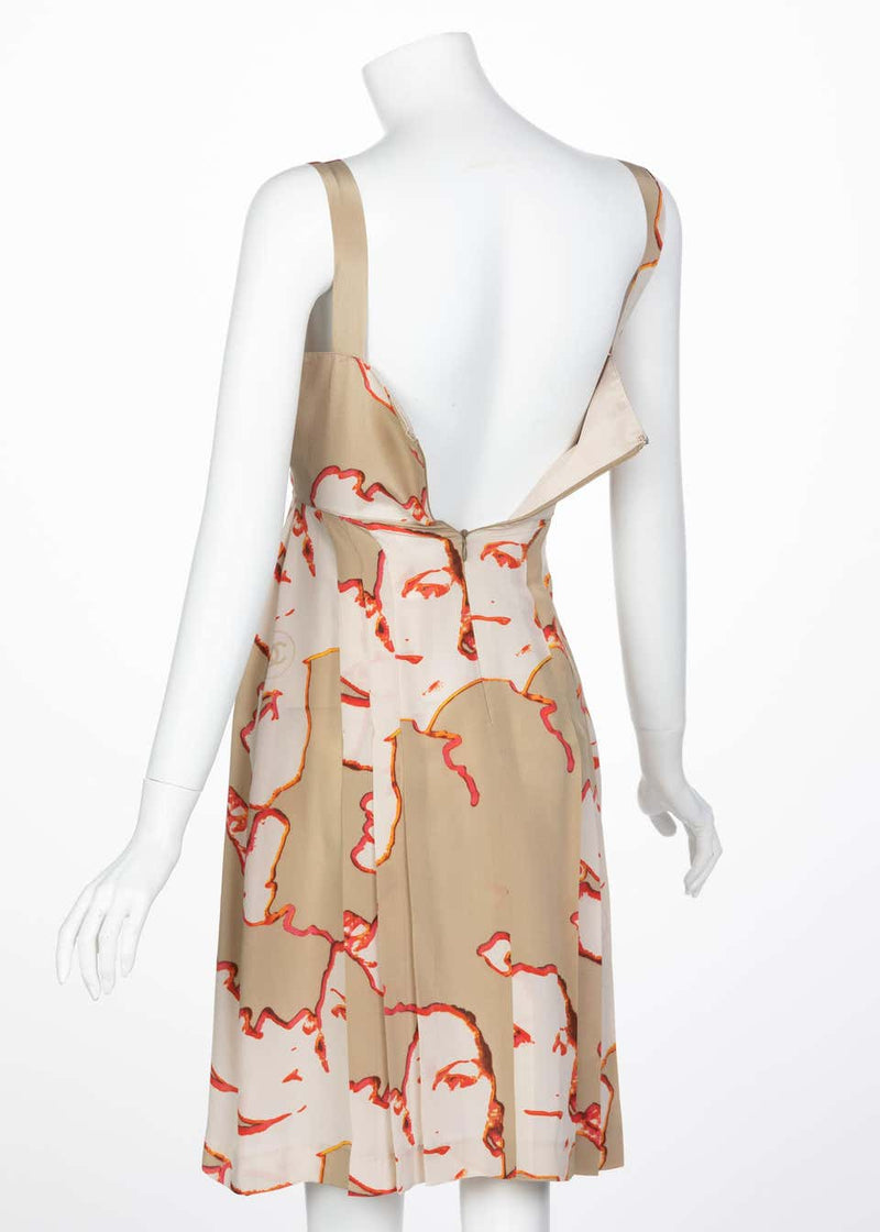Chanel Taupe Silk Sleeveless Faces Print Dress Collectors Spring 2000