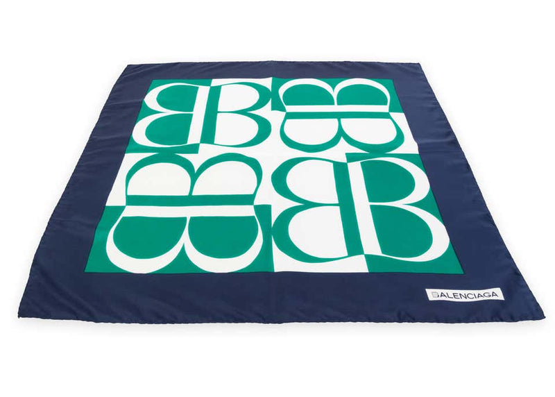 Balenciaga Silk Blue Green Logo Print Scarf, 1990s