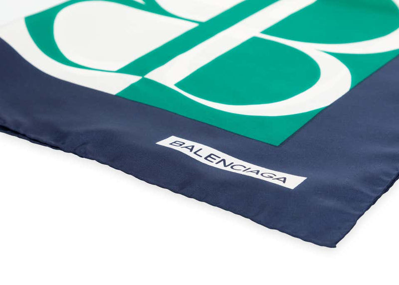 Balenciaga Silk Blue Green Logo Print Scarf, 1990s