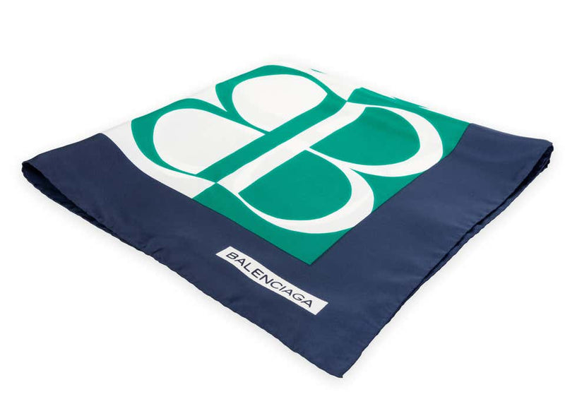 Balenciaga Silk Blue Green Logo Print Scarf, 1990s