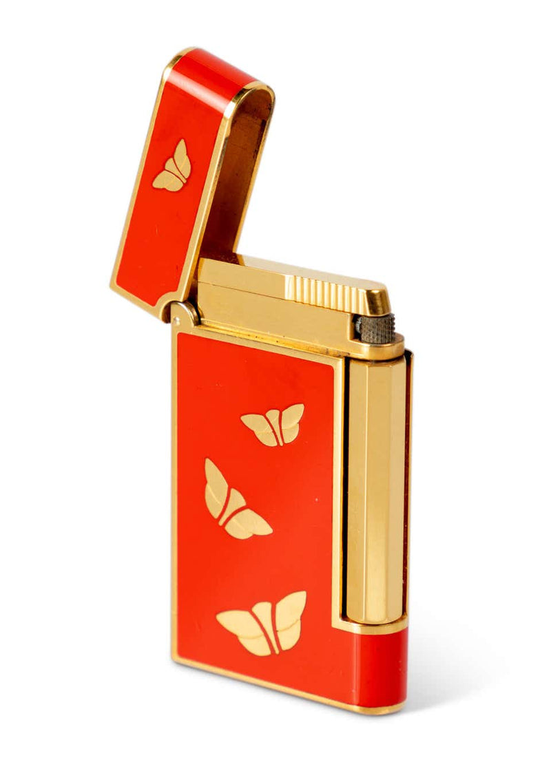 Bvlgari Chinoiserie Red Lacquer Gold Butterfly Lighter, 1970s