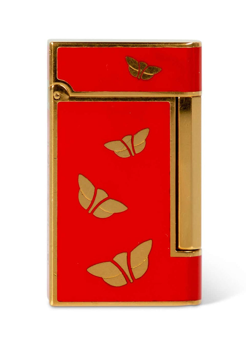 Bvlgari Chinoiserie Red Lacquer Gold Butterfly Lighter, 1970s