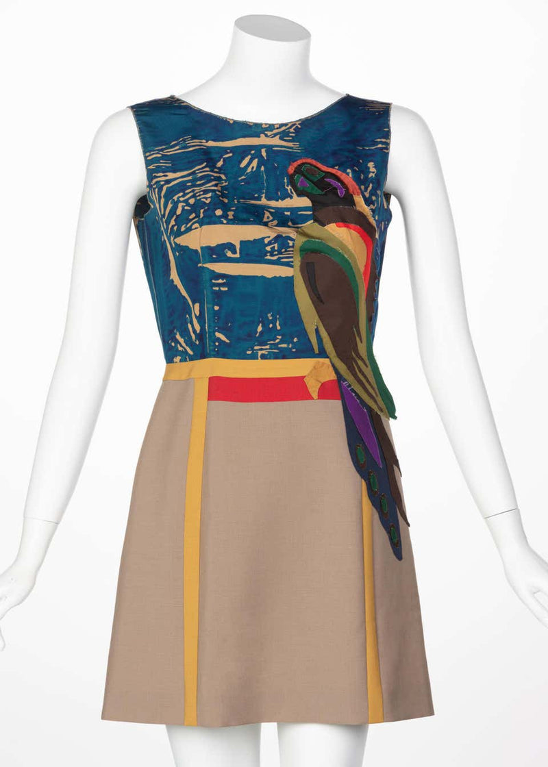 Prada Sleeveless Silk Mohair Parrot Applique Dress Runway, 2005