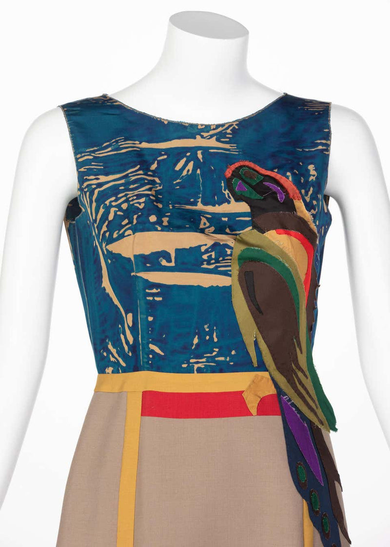 Prada Sleeveless Silk Mohair Parrot Applique Dress Runway, 2005