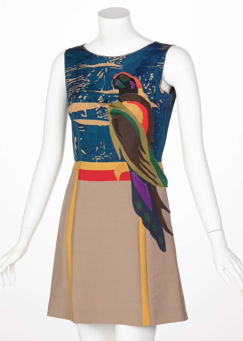 Prada Sleeveless Silk Mohair Parrot Applique Dress Runway, 2005
