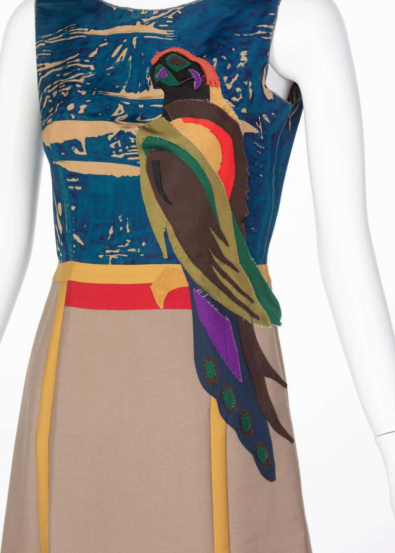 Prada Sleeveless Silk Mohair Parrot Applique Dress Runway, 2005