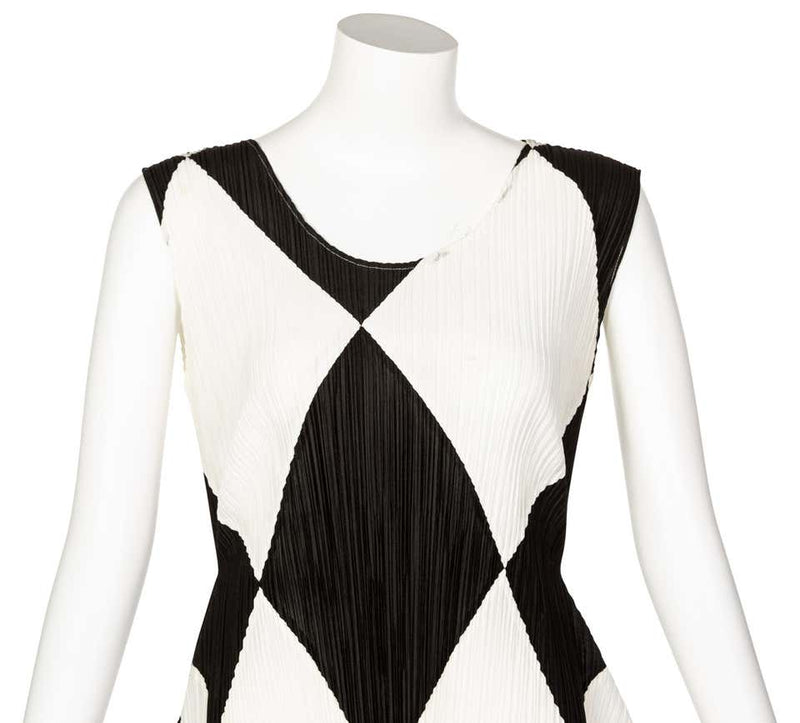 Vintage Issey Miyake Pleats Please Black and Ivory Harlequin Sculptural Dress