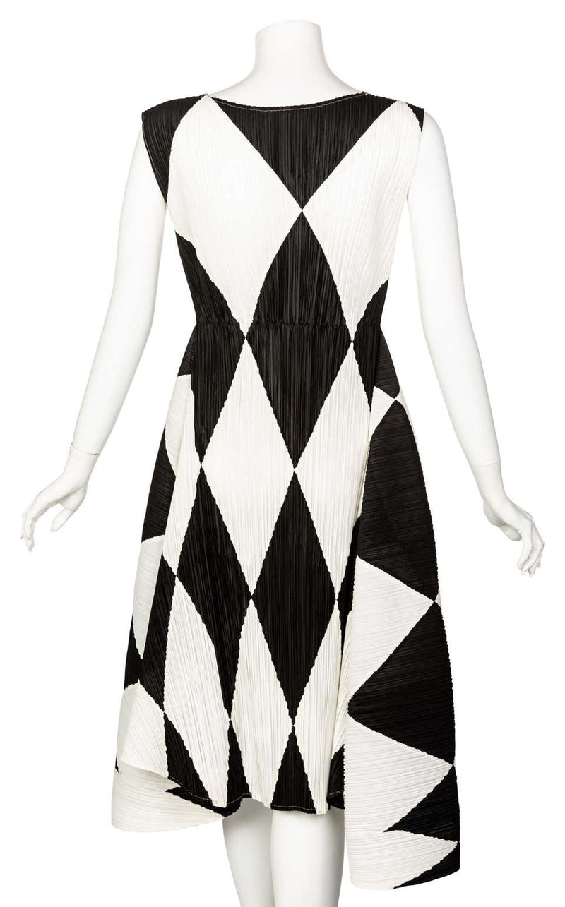 Vintage Issey Miyake Pleats Please Black and Ivory Harlequin Sculptural Dress