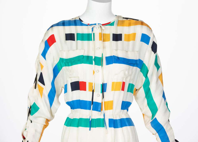 Ted Lapidus Ivory Color Block Silk Safari Dress, 1980s