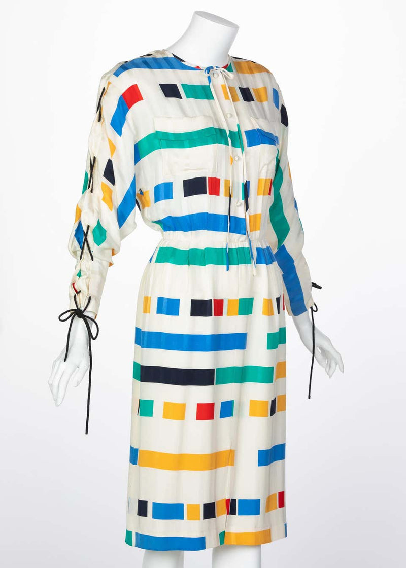 Ted Lapidus Ivory Color Block Silk Safari Dress, 1980s