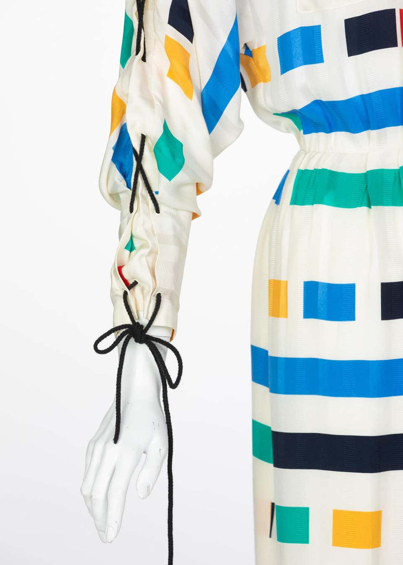 Ted Lapidus Ivory Color Block Silk Safari Dress, 1980s
