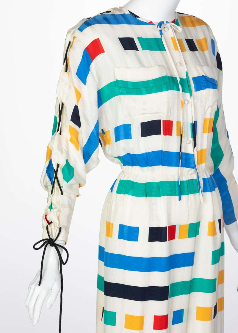 Ted Lapidus Ivory Color Block Silk Safari Dress, 1980s