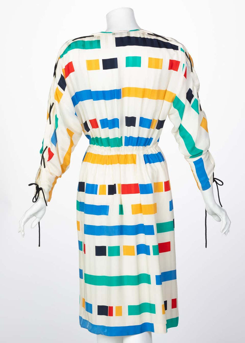 Ted Lapidus Ivory Color Block Silk Safari Dress, 1980s
