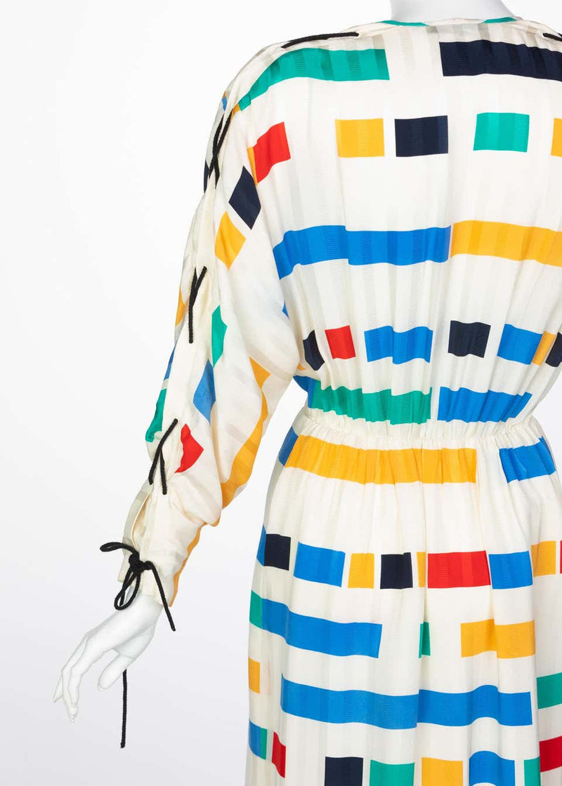Ted Lapidus Ivory Color Block Silk Safari Dress, 1980s