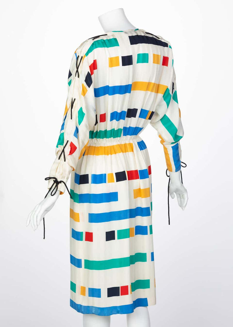 Ted Lapidus Ivory Color Block Silk Safari Dress, 1980s
