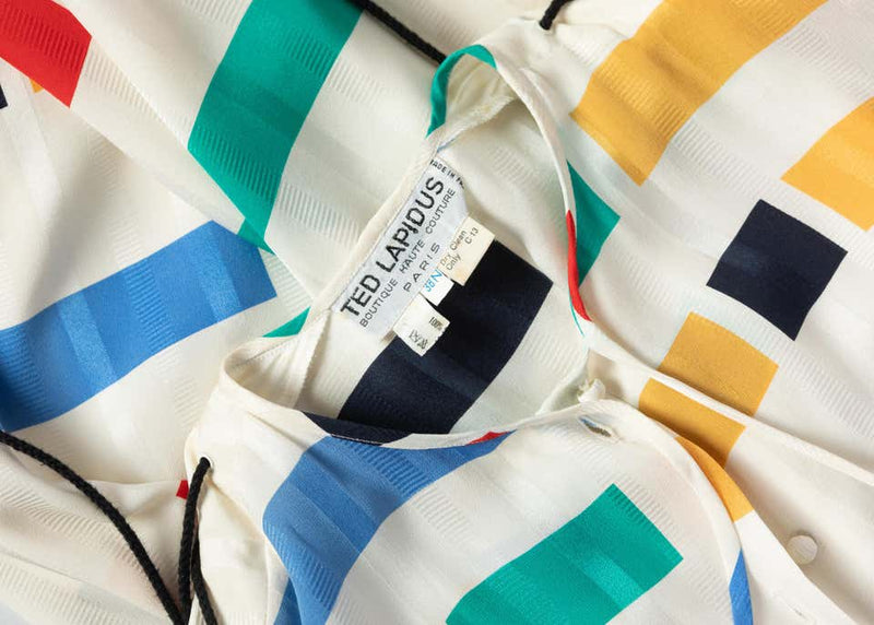 Ted Lapidus Ivory Color Block Silk Safari Dress, 1980s
